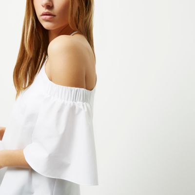 White frill sleeve cold shoulder top